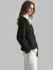 Ontre 女士纯色系带短款双面羊毛50%大衣冬装 - 黑色 - 查看 5