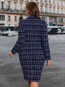 SHEIN Clasi 大码黑白格子优雅修身商务裙套装女式西装外套裙套装女士办公室套装，商务休闲女式两件套服装，女式裙套装，西装外套裙套装，女士办公室套装，女士西装，秋冬商务休闲女式两件套服装 - 藏蓝色 - 查看 2