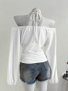 SHEIN Unity 黑色串珠装饰露肩长袖宽松上衣，优雅简约的设计，适合工作、约会、派对、休闲穿着，适合秋冬季 - 白色 - 查看 2