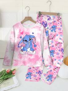 女童长袖圆领T恤搭配宽松长裤，可爱兔子印花图案，扎染效果针织面料，柔软牛奶丝材质，甜美可爱风格，粉色新款睡衣套装 - 粉色 - 查看 3