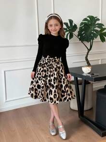 SHEIN Serisse Kids 女童棕色波西米亚风针织圆领泡泡袖长袖拼布碎花连衣裙，适合秋冬，冬季度假连衣裙 - 黑色 - 查看 5