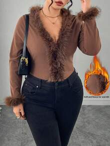 Modelyn Plus Size Elegant & Chic Fuzzy V-Neck Patchwork Flare Sleeve Casual Knit Pullover Top Versatile For Autumn/Winter - Coffee Brown - View 1