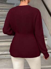 EURMUSE Knitwear Peplum Hem Cardigan With Fancy Buttons - Burgundy - View 5