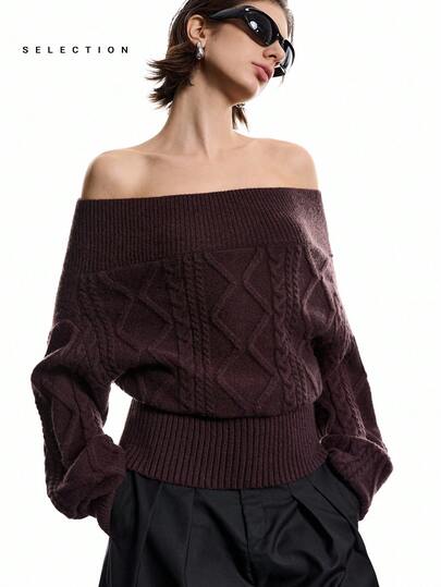 LYSMO SELECTION 2025 New Arrive Minimalism Winter Women Brown Casual Solid Color Lantern Sleeve Off-Shoulder Sweater For Going Out, Streetwear, And Stockholm Style New Year Look Christmas For Women Christmas Jumper