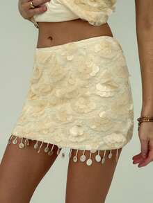 Aloruh Women's Low Waist Fitted Sequin Christmas & Halloween Party Mini Skirt, Autumn/Winter - Apricot - View 6