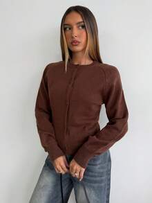 Aloruh Women's Elegant Round Neck Button-Up Long Sleeve Brown Cardigan Sweater,Winter New Knitted Jacket, Casual, Simple And Atmospheric Style, Ribbed Splicing Round Neck Button Design, Brown Solid Color Cardigan - Brown - View 5