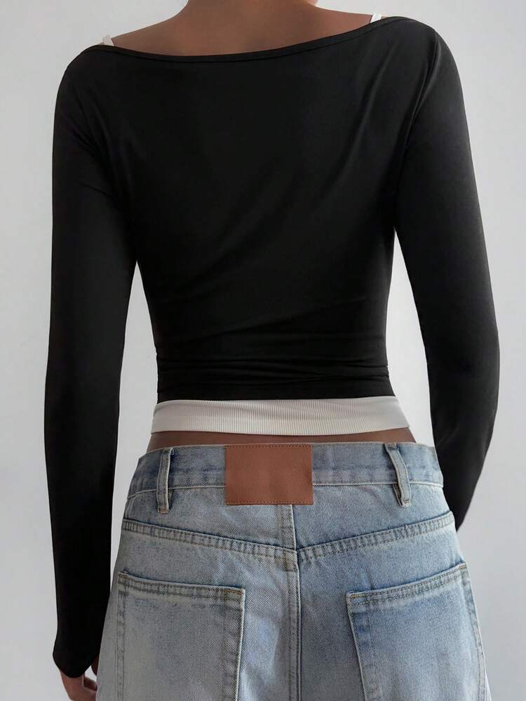 Women's Contrast Color 2 In 1 Long Sleeve Cropped Fitted T-Shirt