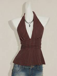 SHEIN ICON Halter Deep V-Neck Cinched Waist A-Line Backless Striped Tank Top - Brown - View 4