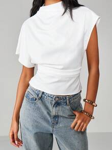 MISSGUIDED 立领短袖宽松针织上衣，袖口设计，适合休闲分层穿着和日常穿着 - 白色 - 查看 5