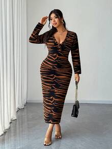 Elenzga 女士性感优雅棕色撞色斑马纹交叉V领长袖修身长款连衣裙，适合派对和聚会，修身剪裁，大码针织毛衣连衣裙 - 彩色 - 查看 4