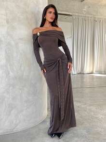 Aloruh Đầm dự tiệc bodycon trễ vai màu nâu có dây trang trí kim loại, tay dài, dễ mặc - Cà phê nâu - Xem 5