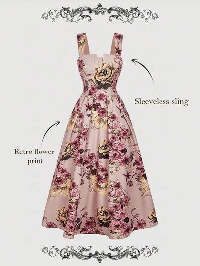 SHEIN MOD Vintage Floral Print Romantic Palace Style Mid-Length Dress For Women Elegant Dresses For Women Wedding Party Dress Wedding Guest Dress For Women Winter Dresses For Women Brown Dress Christmas Dresses For Women Birthday Dresses