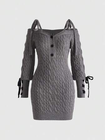 Kawaii Robe de Noël pour femmes avec épaules dénudées, manches bouffantes et décoration de nœud mignon aux poignets