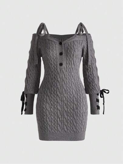 Kawaii Robe de Noël pour femmes avec épaules dénudées, manches bouffantes et décoration de nœud mignon aux poignets