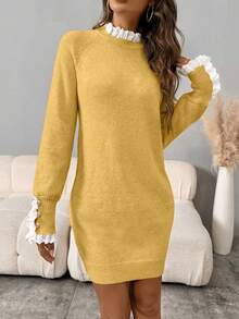 SHEIN LUNE Women's Casual Lace Collar Raglan Sleeve Knitted Dress, Autumn/Winter - Light Yellow - View 6