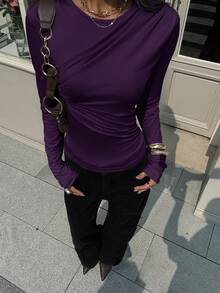 Siren Gaze 女式纯色多层荷叶边修身长袖 T 恤休闲上衣，秋季 - 紫色 - 查看 6