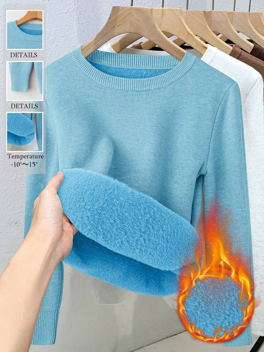 Franclia 女式修身圆领保暖长袖毛衣 - 藍色 - 查看 1