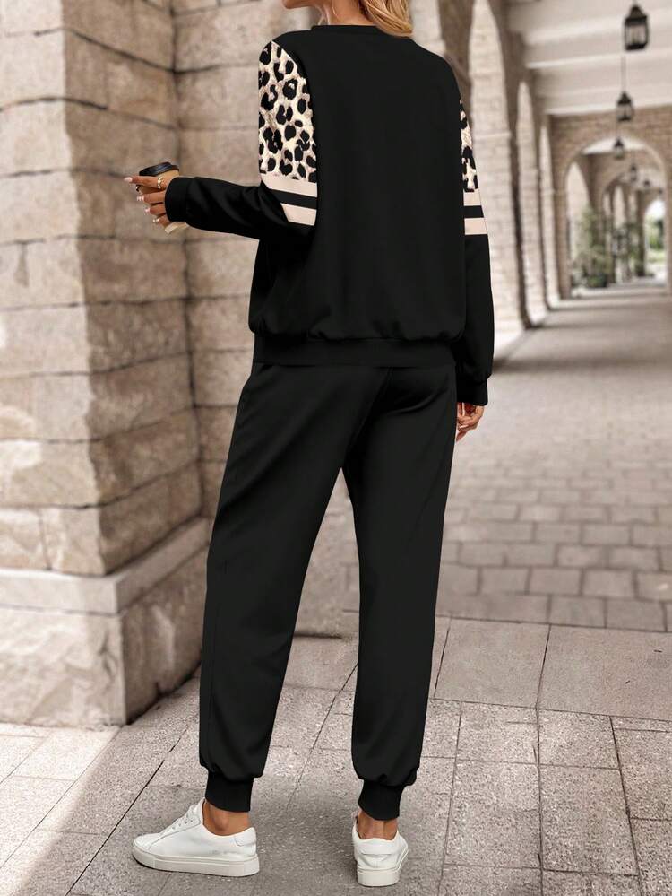 Women's Long Sleeve Leopard Print Patchwork Sweatshirt And Long Sweatpants Winter Sets Two Pieces Set Women 2 Piece Casual Sets Woman
