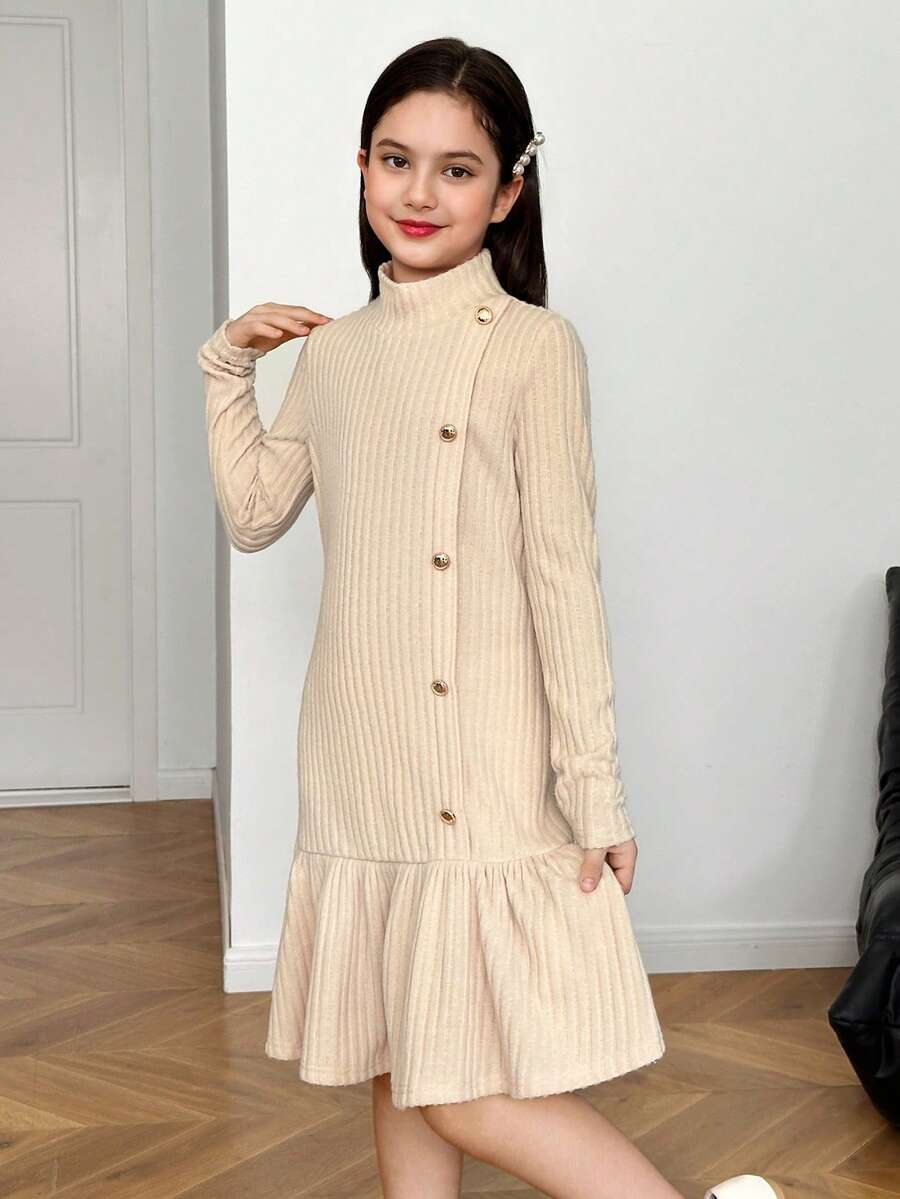 SHEIN 青少年女孩休闲简约舒适立领长袖鱼尾下摆纽扣装饰连衣裙 - 杏色 - 查看 1