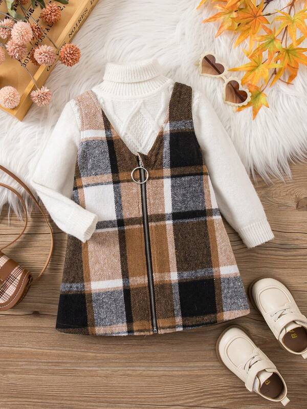 SHEIN Babygirl Plaid Woolen Casual Dress, Suitable For Autumn/Winter