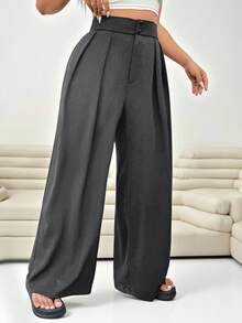 Solflare 大码高腰阔腿休闲西装裤，简约时尚，适合女性春夏、商务休闲、秋冬情人节等各种场合的办公室穿着。 - 深灰色 - 查看 3