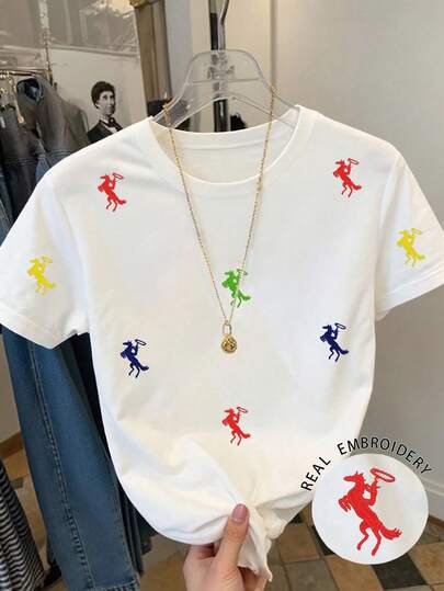 Franclia 女士休闲圆领短袖骑士刺绣T恤，百搭