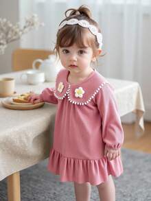 SHEIN Abito da bambina con colletto floreale, patchwork e balze sul fondo, carino ed elegante per uso quotidiano, vacanze e casual - Rosa - Visualizzare 12