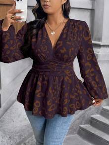 EMERY ROSE 大码全印花V领褶饰休闲长袖衬衫荷叶边上衣 - 紫色 - 查看 3