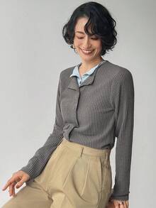 FRIFUL 女士撞色长袖二合一翻领纽扣罗纹纹理面料修身休闲百搭T恤，秋冬款 - 灰色 - 查看 6