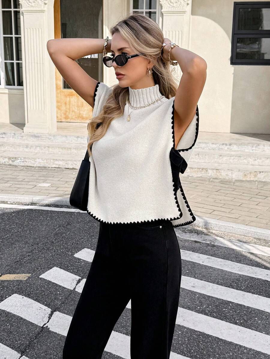 Serisse 女士撞色滚边立领侧开衩系带针织背心，秋冬季，新年，感恩节 - 杏色 - 查看 1