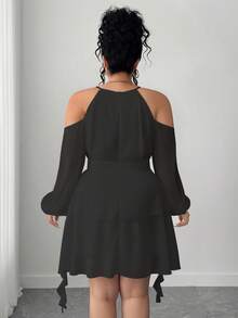 Elenzga Plus Size Women's Open Shoulder Solid Color Keyhole Neck Lantern Sleeve Dress - Black - View 2