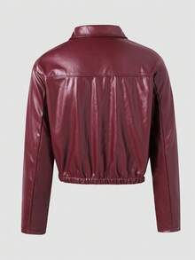 SHEIN Teen Girl Solid Color PU Leather Zip-Up Jacket, Autumn - Red - View 2