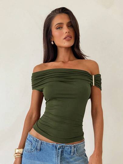 Aloruh Military Green Off Shoulder Knit T-Shirt, Summer