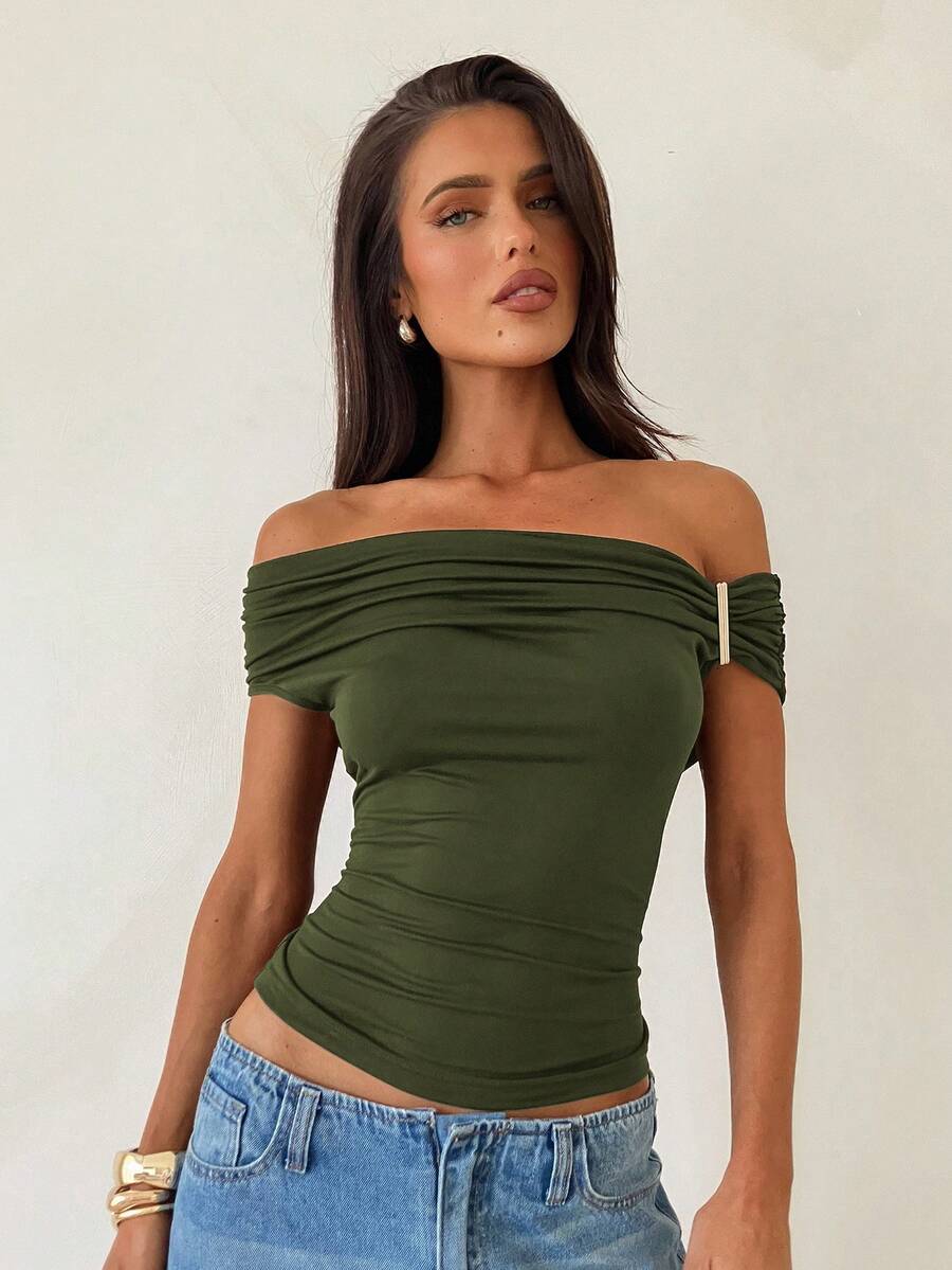 Aloruh Military Green Off Shoulder Knit T-Shirt, Summer