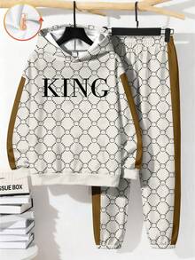 SHEIN 2 件 KING 青少年男孩休闲简约长袖连帽运动衫套装，适合秋冬季