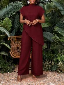 SHEIN Lady 女式度假休闲纯色不对称下摆衬衫和裤子两件套 - 酒紅色 - 查看 5