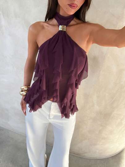 Aloruh Camiseta ajustada de mujer con cuello alto y volantes multicapa elegante