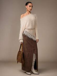 Modelyn Women's Off Shoulder Tassel Knit Sweater Top - Apricot - View 5