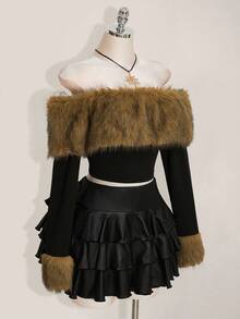 SHEIN ICON 大码女式 Y2K 性感 PU 蛋糕裙 - 黑色 - 查看 5