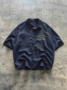 AXEPEAK 男士夏季休闲街头刺绣落肩宽松衬衫 - 藍色 - 查看 1