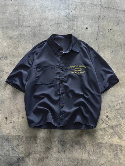 AXEPEAK 男士夏季休闲街头刺绣落肩宽松衬衫