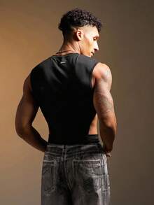 FeverCity Men's Solid Color Round Neck Side Hollow Out Slim Fit Tank Top