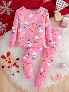 Girls Gingerbread Man & Snowman Cartoon Print Long Sleeve Snug Fit Pajama Set
