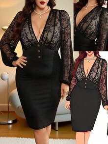 SHEIN Clasi Vestido midi de fiesta y trabajo con cuello en V, encaje, parches y botones decorativos, manga larga transparente, para mujer de talla grande - Negro - Ver 4