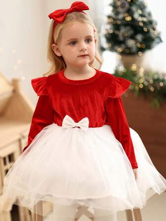 SHEIN Vestido de manga larga con parches de malla, volantes y lazo decorativo en bloques de color para niña bebé