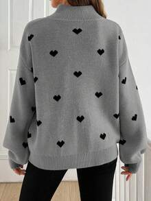 SHEIN Tall Tall Women Heart Pattern Zipper Detail Autumn Winter Casual Sweater - Grey - View 2