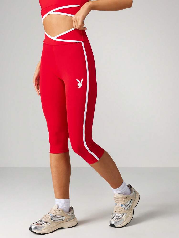 Missguided x Playboy Christmas High Waisted Capri Athletic Leggings With Contrast Trim And Logo Detail For Women Workout Activewear