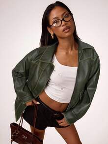 SHEIN BAE 女式秋季长袖 PU 皮革口袋设计休闲夹克 - 深灰色 - 查看 4