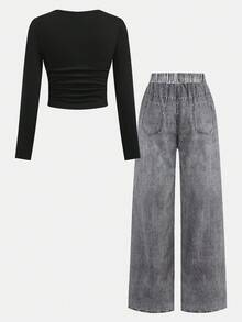 SHEIN 2 件套青少年女孩黑色短袖 T 恤，带英文字母和星星印花，黑色裤子套装 - 彩色 - 查看 3