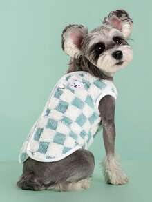 PETSIN 1件蓝白格子羊毛无袖猫狗背心，厚实保暖，适合秋冬 - 藍色 - 查看 2